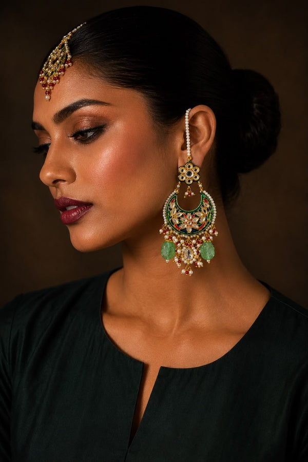 Green Meena Pearl Stones Kundan Chandbali Dangler Earrings