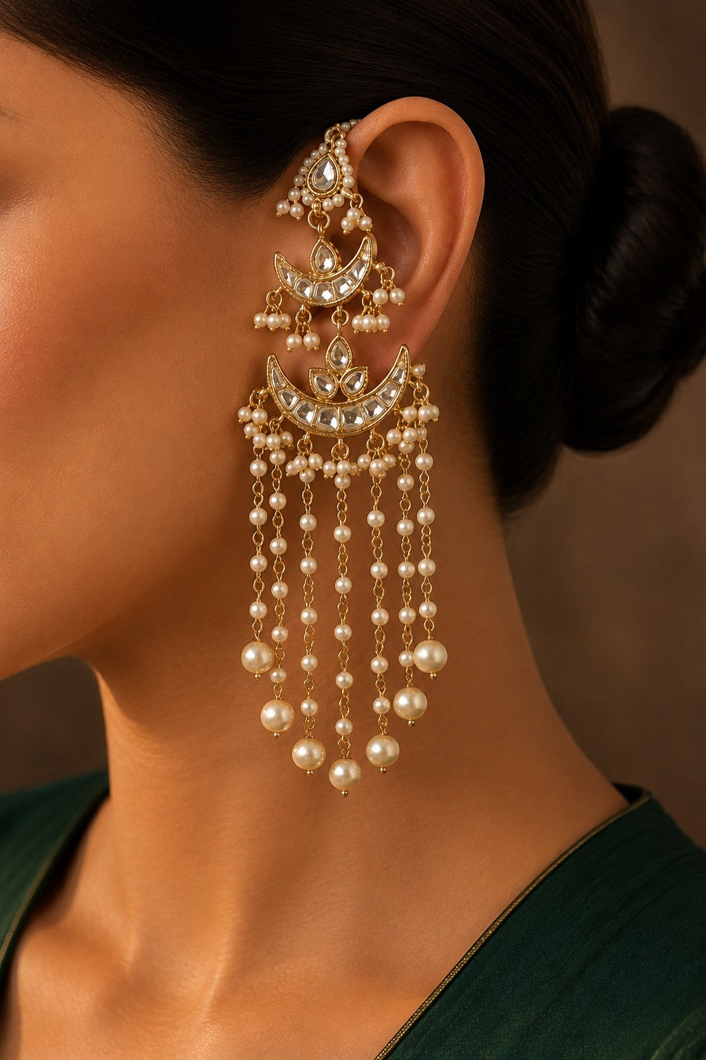 Gold White Kundan Chand Biya Earrings