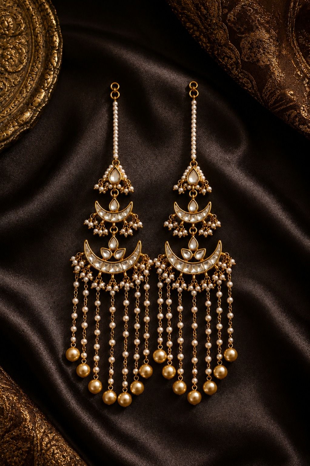 Gold White Kundan Chand Biya Earrings