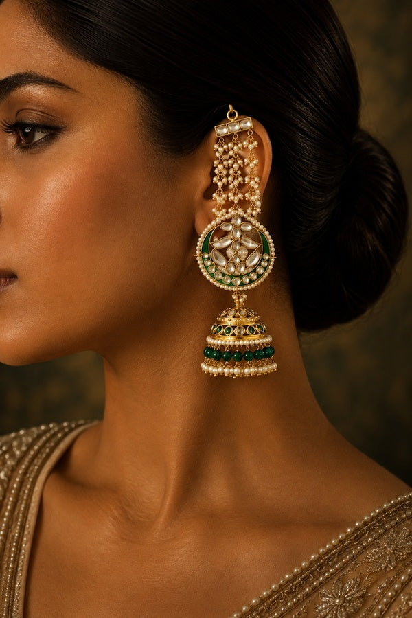Emerald Bloom Kundan Meenakari Pearl Sahara Jhumki Dangler Earrings