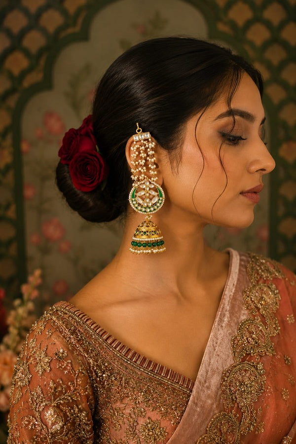 Emerald Bloom Kundan Meenakari Pearl Sahara Jhumki Dangler Earrings