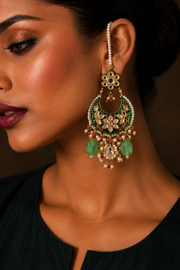 Green Meena Pearl Stones Kundan Chandbali Dangler Earrings