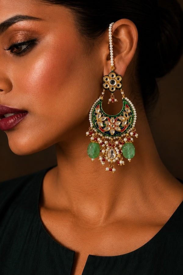 Green Meena Pearl Stones Kundan Chandbali Dangler Earrings