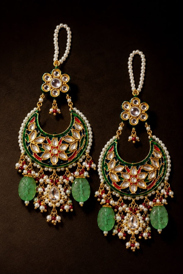Green Meena Pearl Stones Kundan Chandbali Dangler Earrings