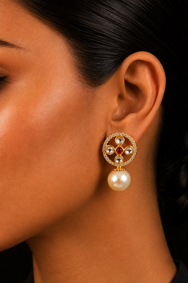 Flower Kundan Zirconia Pearl Drop Earring Studs