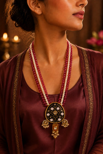 Black Meenakari with Tourmaline Pearls Kundan Necklace