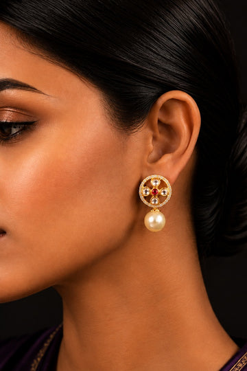 Flower Kundan Zirconia Pearl Drop Earring Studs