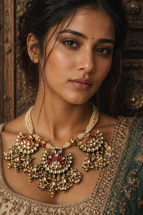 Maroon Meenakari & Pearls Kundan Necklace