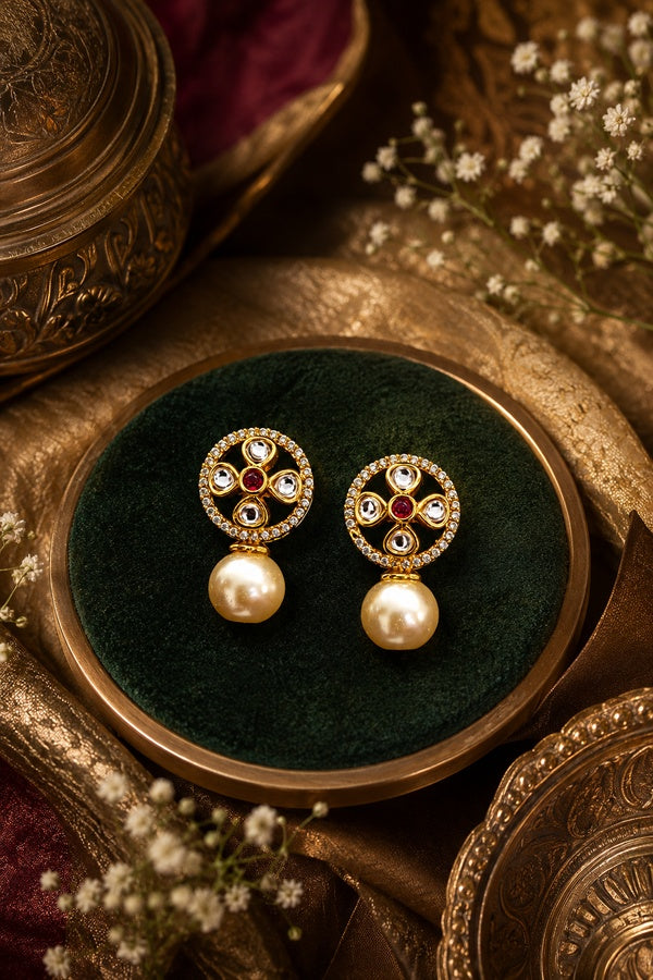 Flower Kundan Zirconia Pearl Drop Earring Studs