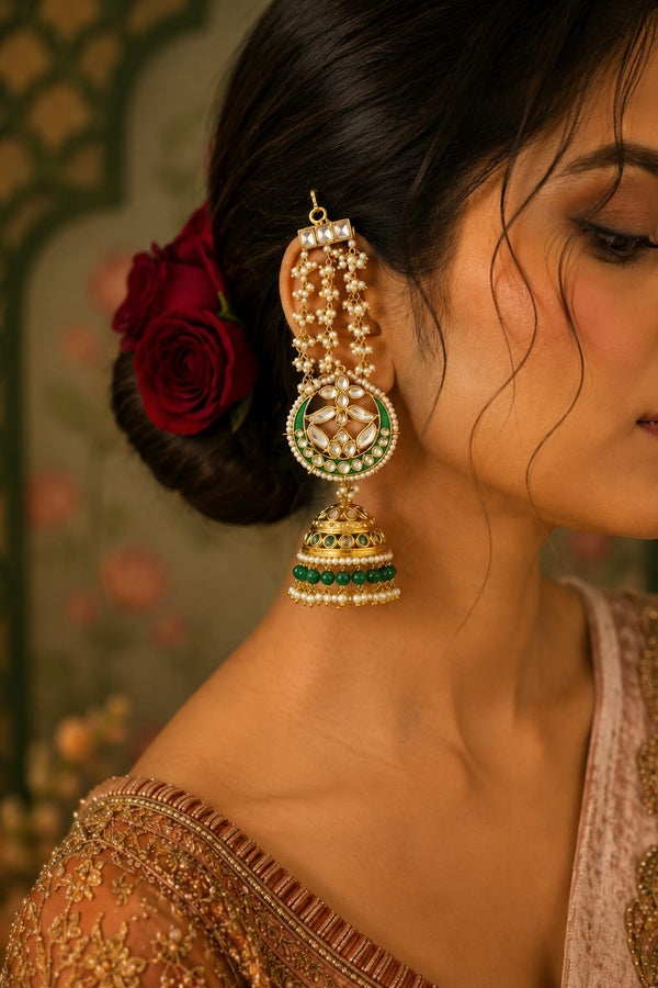 Emerald Bloom Kundan Meenakari Pearl Sahara Jhumki Dangler Earrings