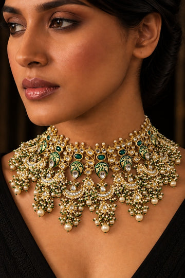 Green Enamel & Kundan Chand Choker Necklace