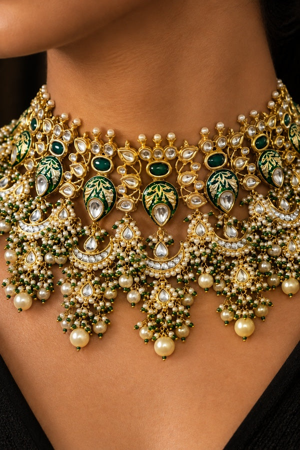Green Enamel & Kundan Chand Choker Necklace