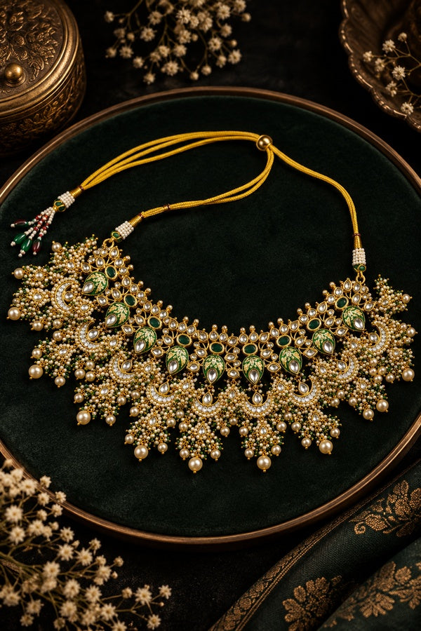 Green Enamel & Kundan Chand Choker Necklace