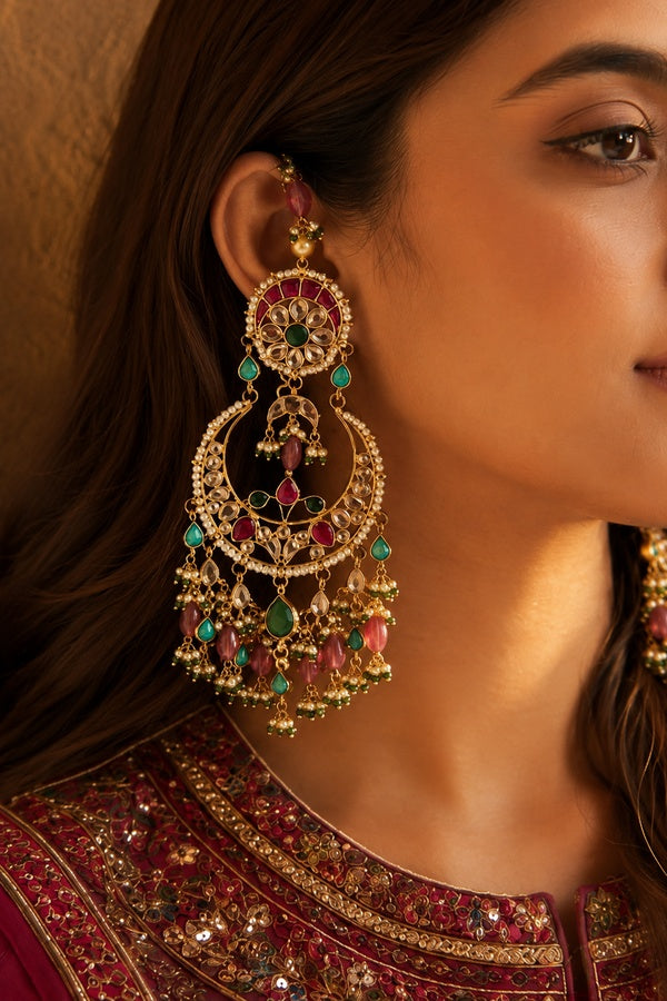 Gold Finish White & Red Kundan Chandbali Earriings With Tourmaline Drops & Pearls