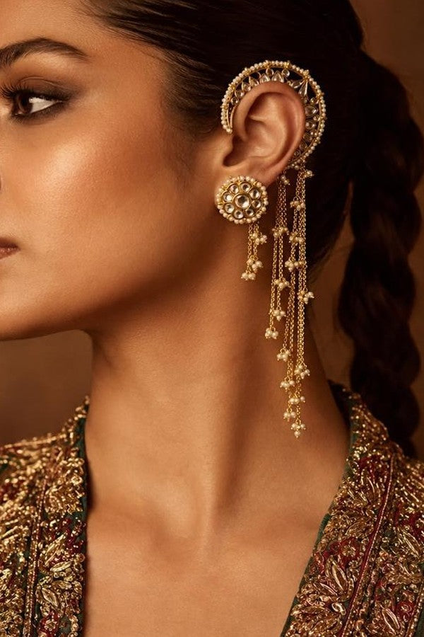 Kundan Pearl Cascade Ear Cuff with Stud Dangler Earrings