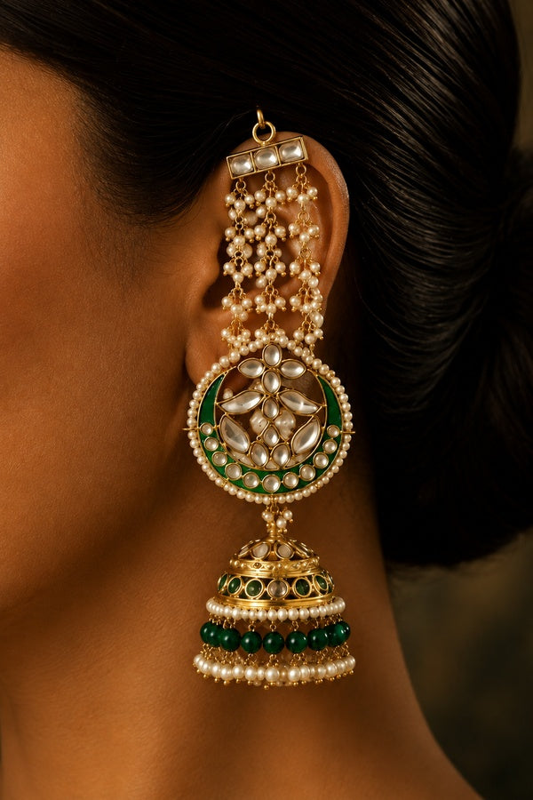Emerald Bloom Kundan Meenakari Pearl Sahara Jhumki Dangler Earrings