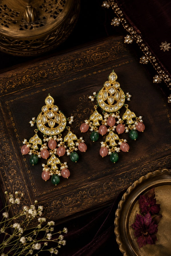 Pale Pink & Green Kundan Chandbali Earrings