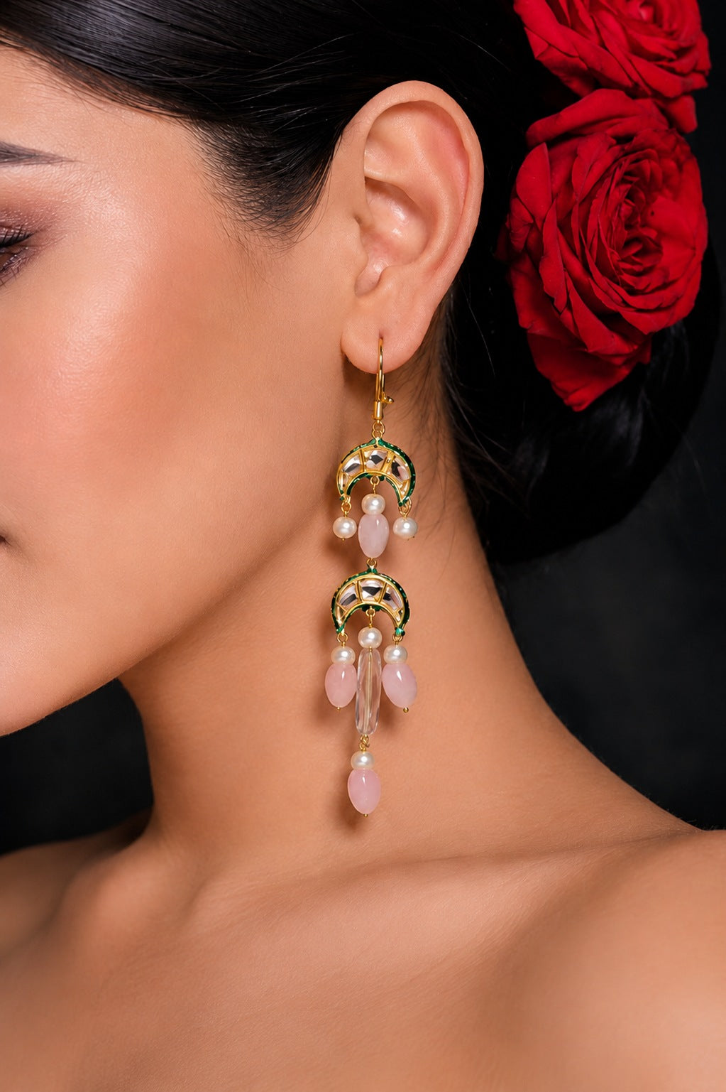 Rose Quartz Pearl and Kundan Earrings