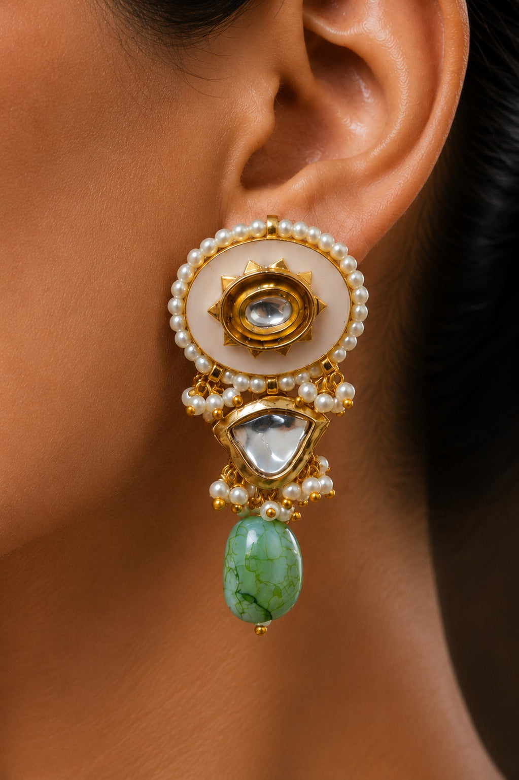 Pink Enamel Earrings with Green Drop