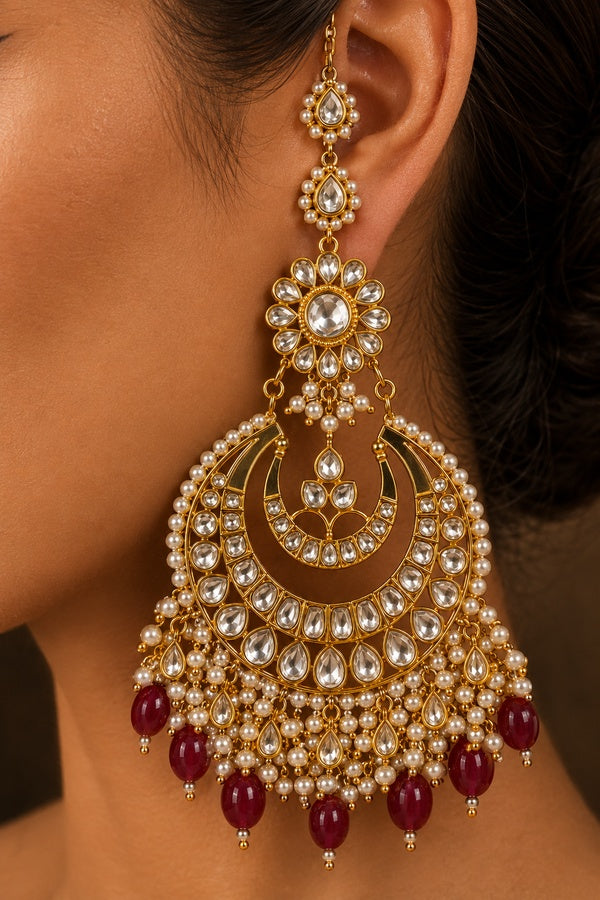 Statement Kundan Gold & White Red Drops Chandbali