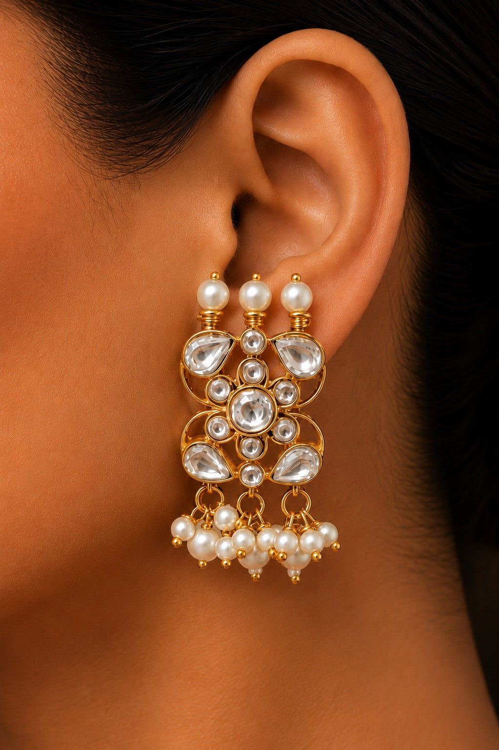 Pearl Drop Gold & White Kundan Earrings