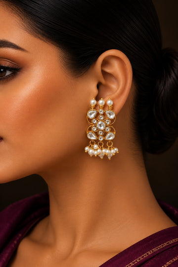 Pearl Drop Gold & White Kundan Earrings