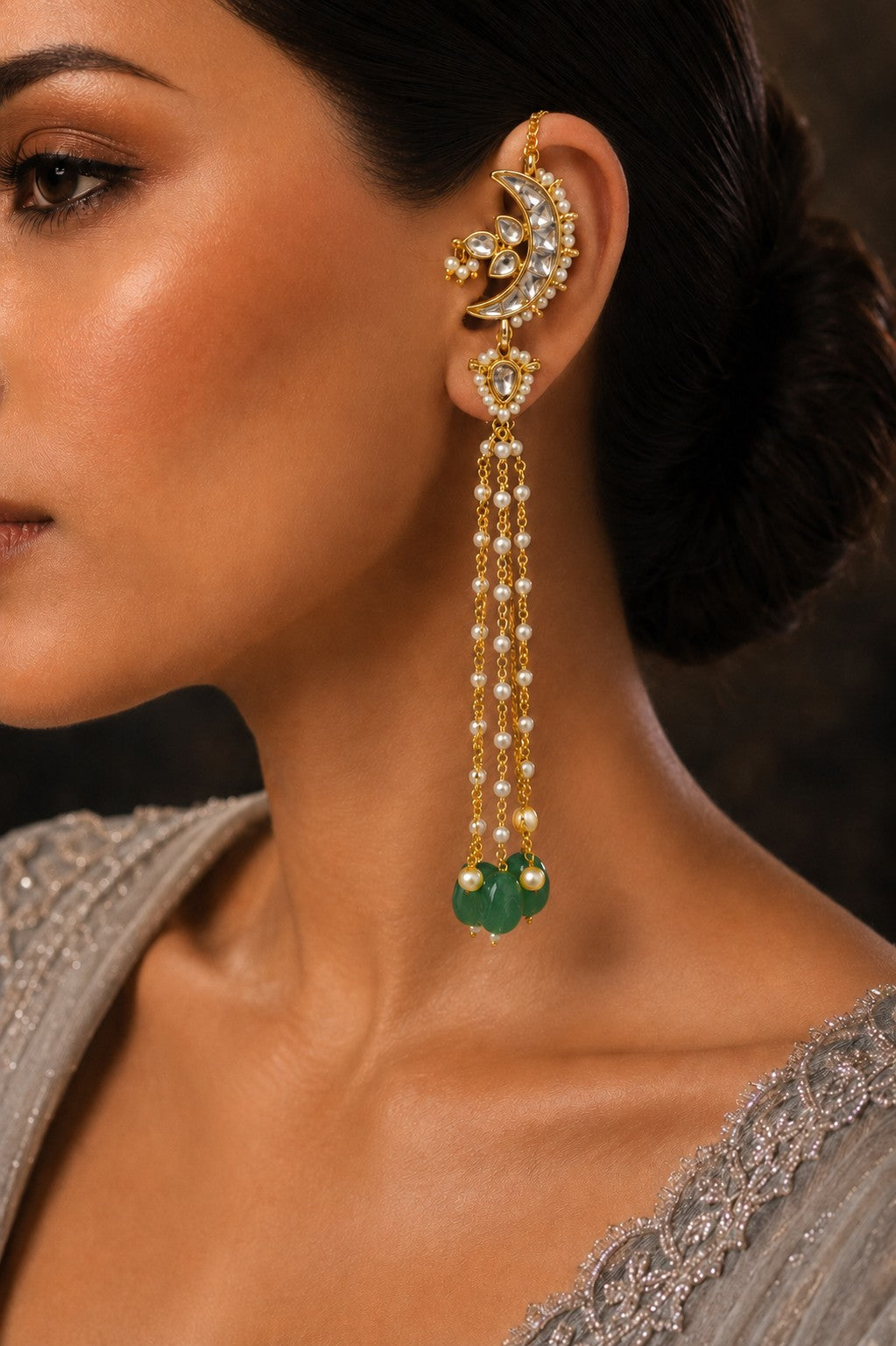 Gold & White Kundan Crescent Emerald Drops Dangler Earrings