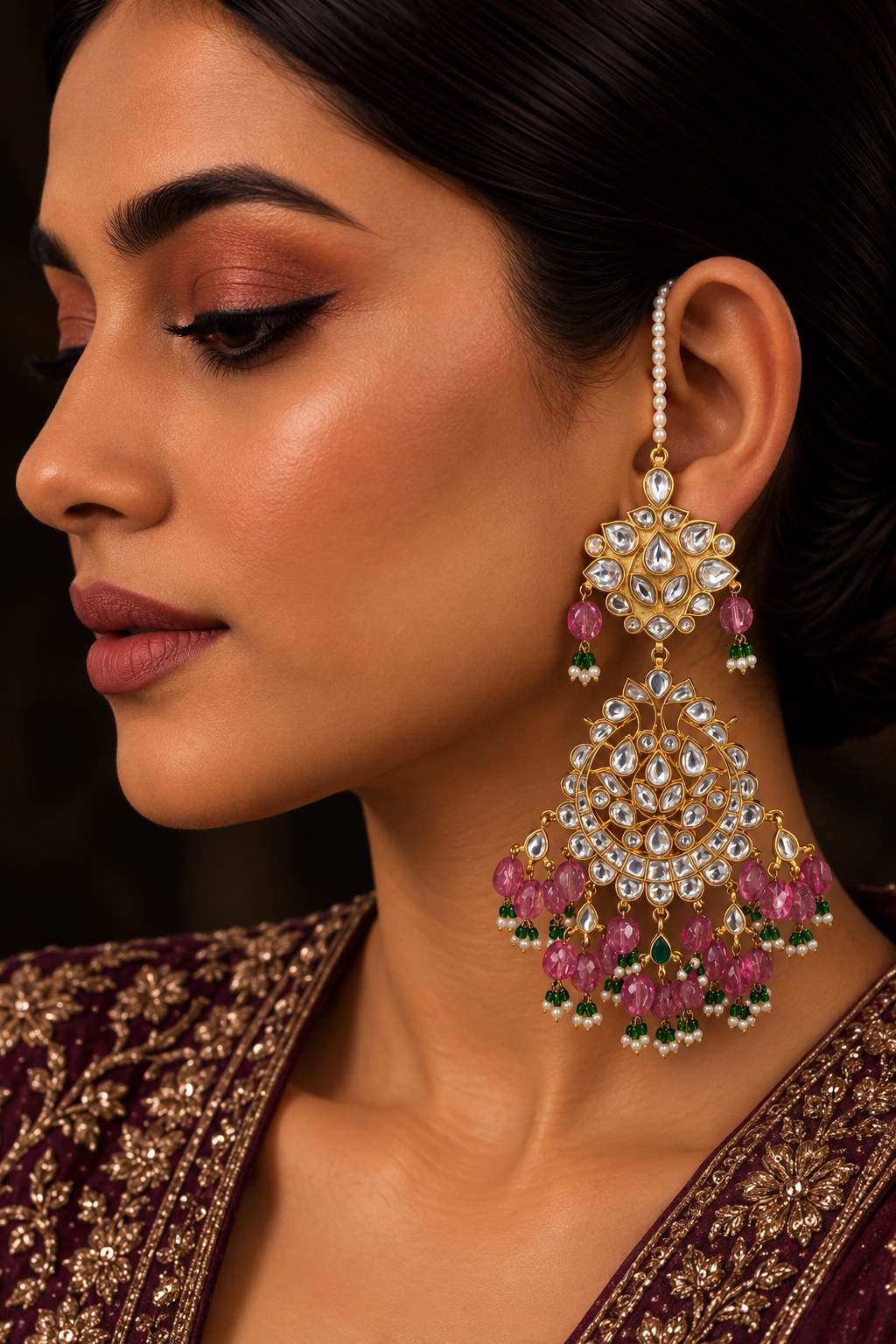 Blush Pink with Green Moti Jadai Earrings
