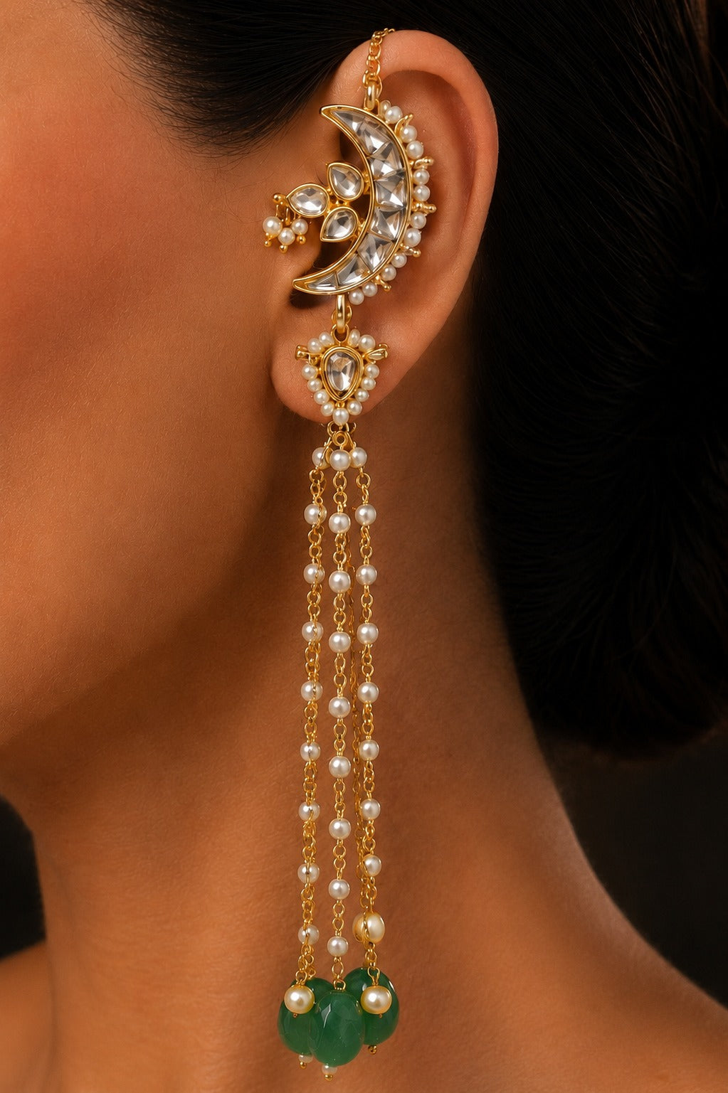 Gold & White Kundan Crescent Emerald Drops Dangler Earrings