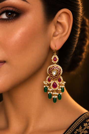 Red Kundan Green Drops With Pearls Earrings