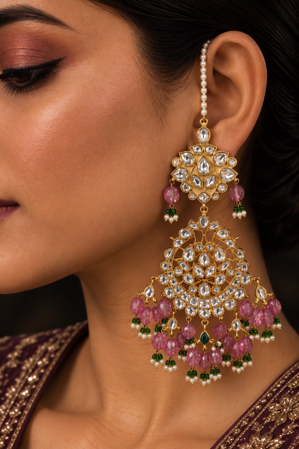 Blush Pink with Green Moti Jadai Earrings