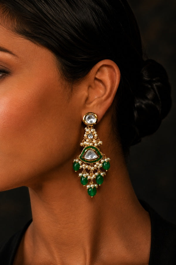 Green Stone & Kundan Earrings