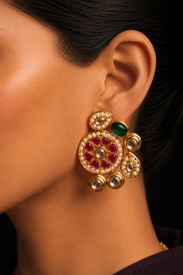 Gold Finish Pink Green Kundan Pearl Stud Earrings