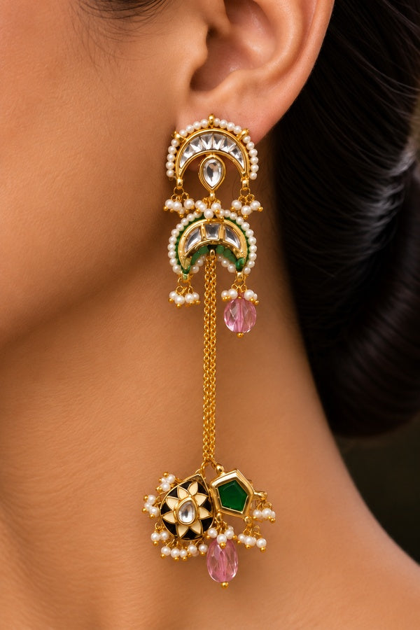 Gold Finish Black Enamel Chand Kundan Earrings
