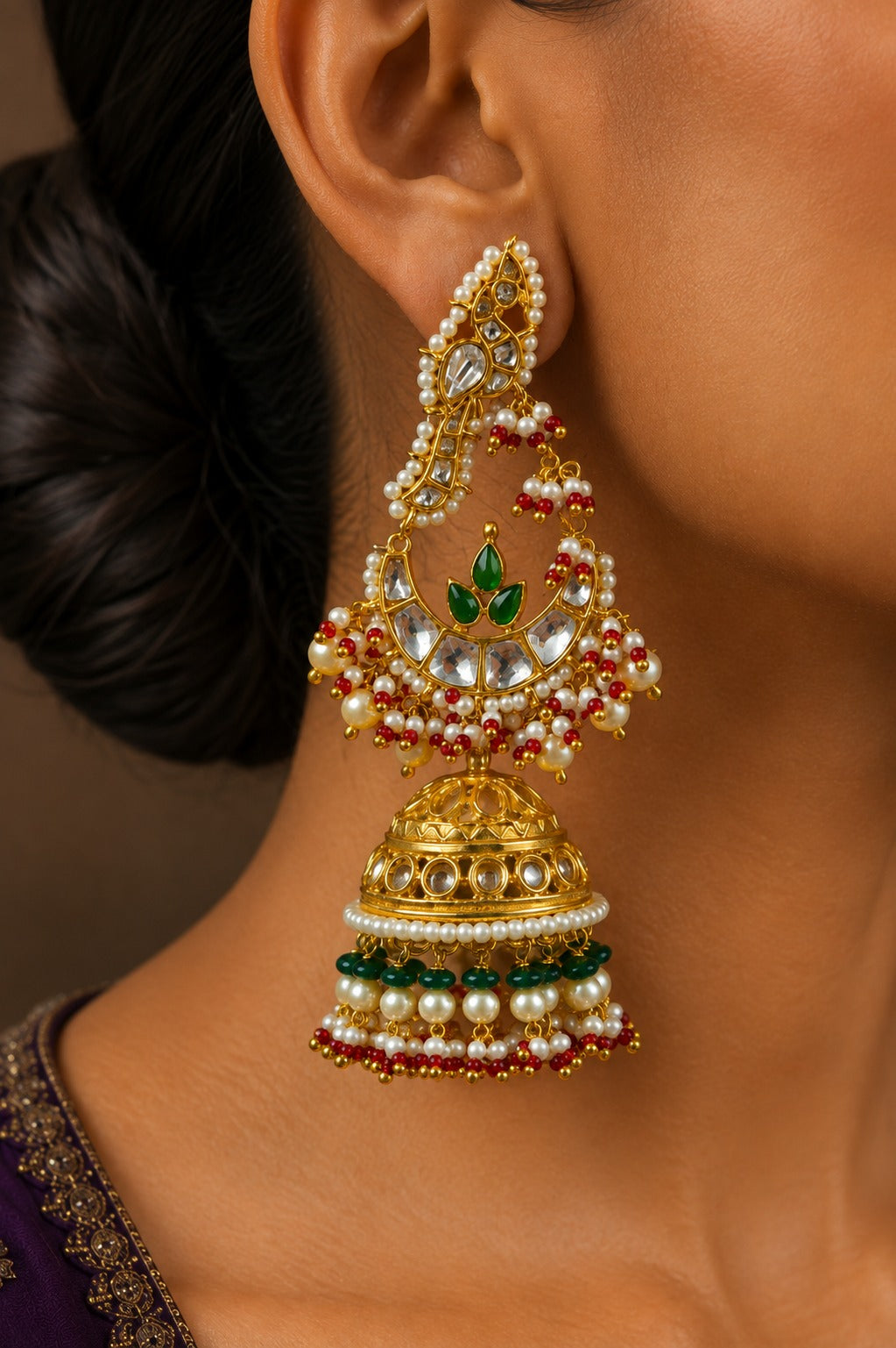 Ethnic Green Kundan Gold White Green & Red Pearls Jhumki Earrings