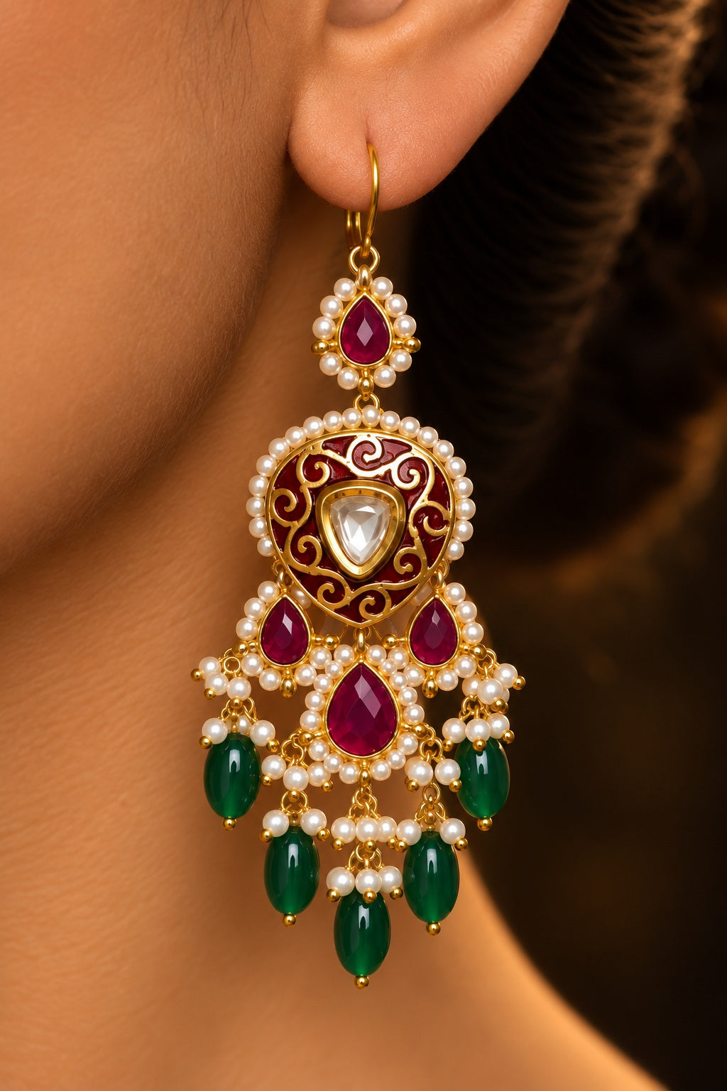 Red Kundan Green Drops With Pearls Earrings