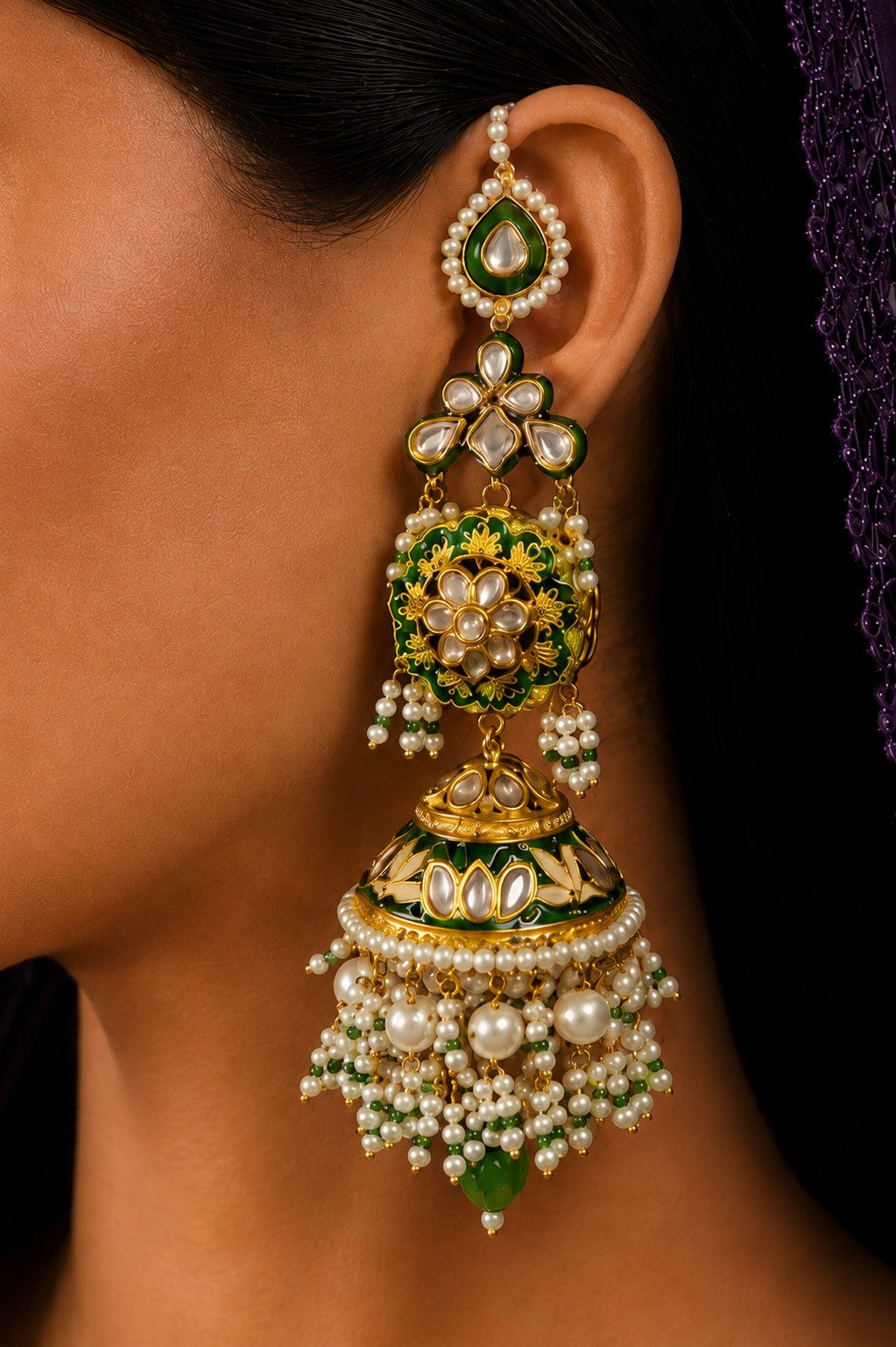Green Enamel & Kundan Green Drop Jhumki Earrings