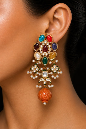 Navratan With Gold Beads Earrings