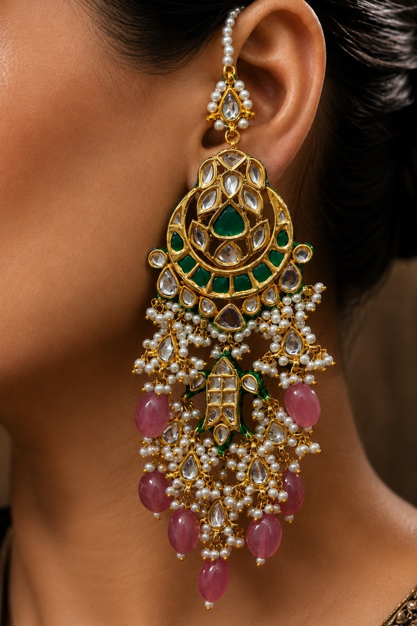 Green Kundan Pink Fin Chandbali Earrings