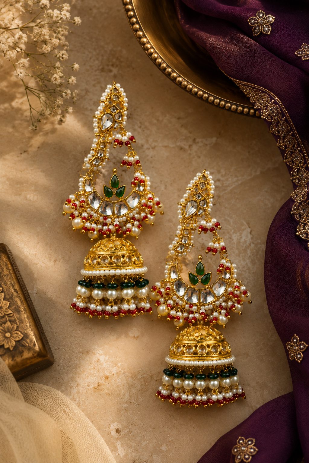 Ethnic Green Kundan Gold White Green & Red Pearls Jhumki Earrings