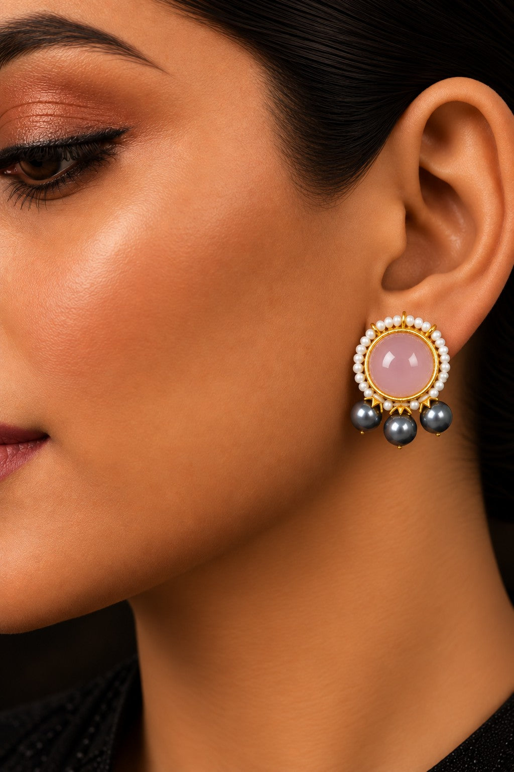 Rose Quartz with Grey Pearls Stud Earrings