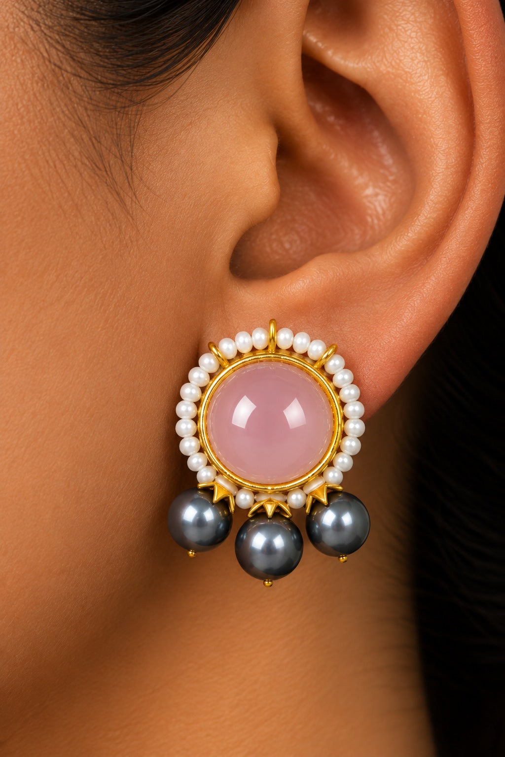 Rose Quartz with Grey Pearls Stud Earrings