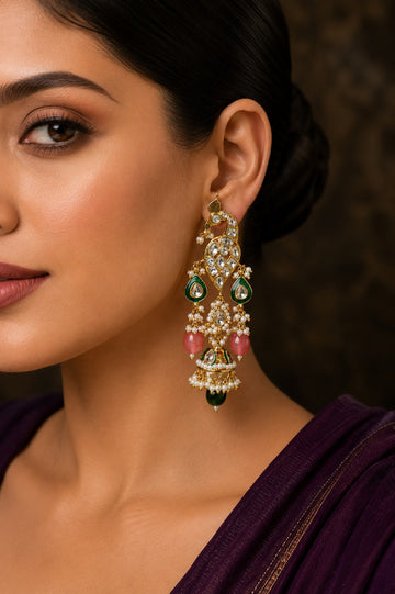 Green Meena Pink & Green Stone Ethnic Kundan Earrings
