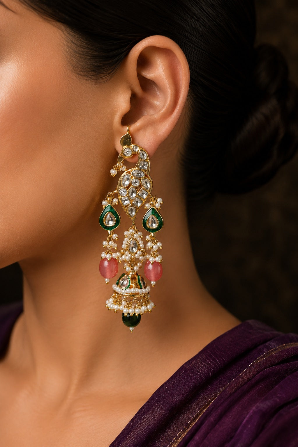 Green Meena Pink & Green Stone Ethnic Kundan Earrings