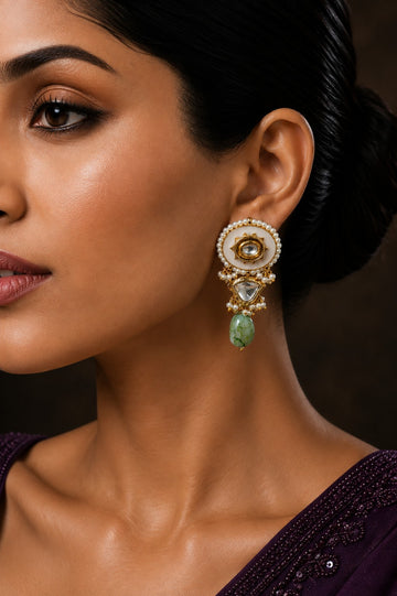 Pink Enamel Earrings with Green Drop