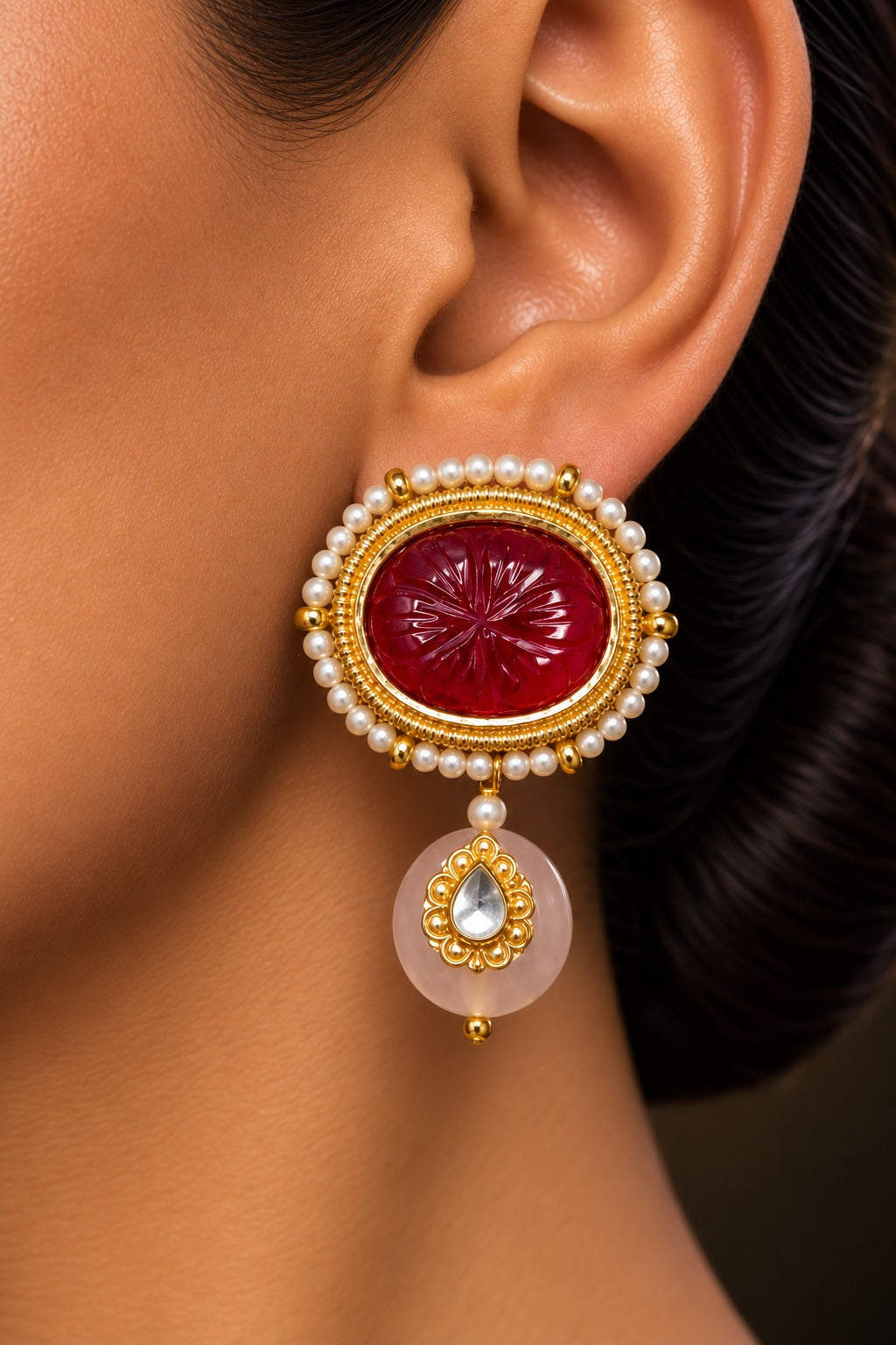 Carved Ruby & Rose Quartz Drop Earrings