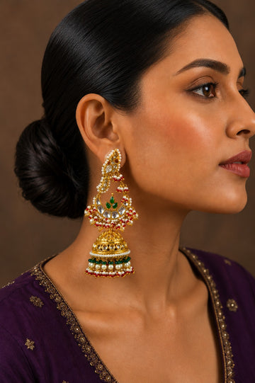 Ethnic Green Kundan Gold White Green & Red Pearls Jhumki Earrings