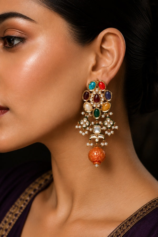 Navratan With Gold Beads Earrings