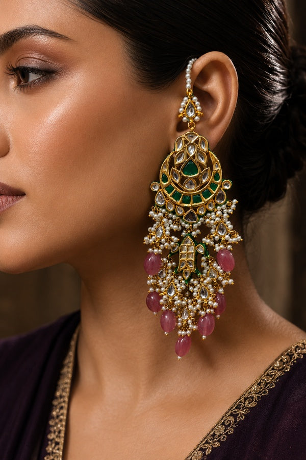 Green Kundan Pink Fin Chandbali Earrings