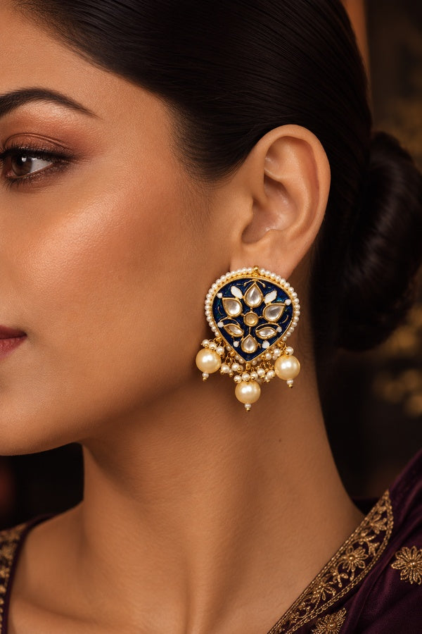 Boond Royal Blue Pearls & Kundan Earrings